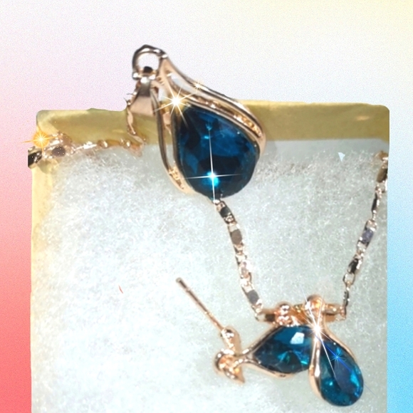 Necklace Set Cyan Blue Cubic Zirconia Rose Gold - Picture 10 of 15